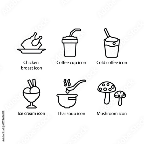 Chicken broast, Coffee cup, Cold coffee, Ice cream, Thai soup, Mushroom, icon