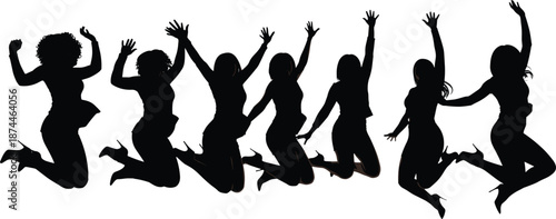 Black silhouette of happy women jumping in the air with raised hands celebrating success and freedom on white background set