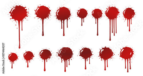 dripping blood splatter collection with grunge horror texture isolated on white background for halloween, horror design and graphic overlays, gradient, vector