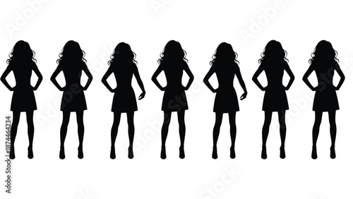 Vector silhouette of happy group of women friends raising arms up together celebrating success, victory and empowerment on isolated white background