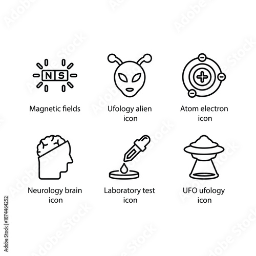 Magnetic fields, Ufology alien, Atom electron, Neurology brain, Laboratory test, UFO ufology, icon