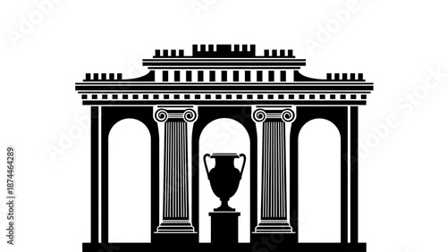 A black and white illustration of a classic building with columns and a trophy