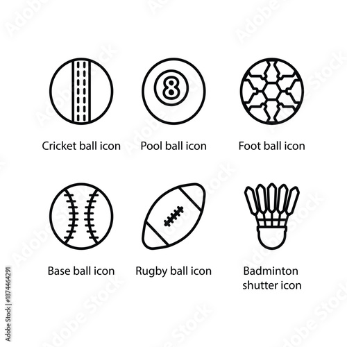 Cricket ball, Pool ball, Foot ball, Base ball, Rugby ball, Badminton shutter, icon
