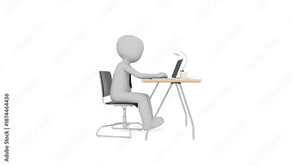 Fototapeta premium A 3D rendering of a person sitting at a desk working on a laptop computer