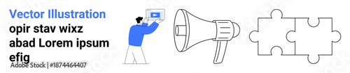Man holding a media screen, a megaphone symbolizing announcements, and puzzle pieces signifying teamwork. Ideal for media promotion, marketing strategy, collaboration, communication, teamwork