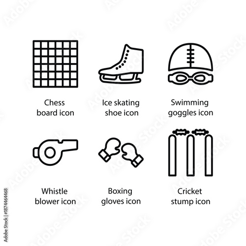 Chess board, Ice skating shoe, Swimming goggles, Whistle blower, Boxing gloves, Cricket stump, icon