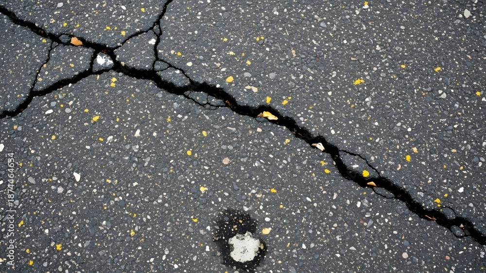Obraz premium Cracked Asphalt Road Surface with Scattered Yellow and White Flower Petals