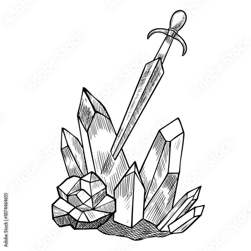 Vector sword embedded in crystal cluster drawn in graphic line style. Linear illustration of weapon for fantasy game assets, magical symbols, posters, tattoos, heraldry designs and mystical arts.