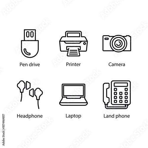 Pen drive, Printer, Camera, Headphone, Laptop, Land phone, icon