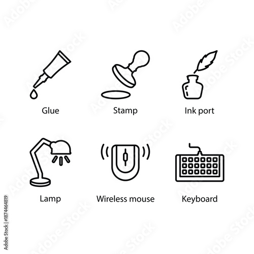 Glue, Stamp, Ink port, Lamp, Wireless mouse, Keyboard, icon