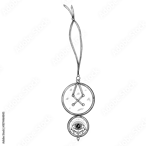 Vector mystic Pendant with symbolic signs drawn in graphic line style. Linear drawing of black Amulet for esoteric and spiritual designs. Etching of Talisman for tattoos, posters and occult arts.