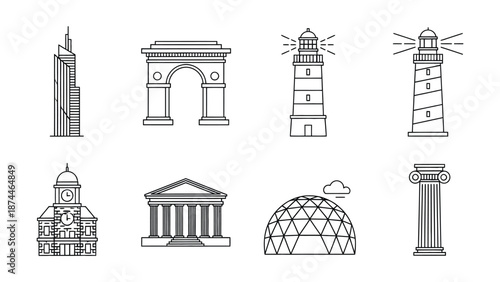 An illustration of various architectural landmarks and structures in a stylized format