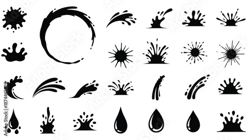A collection of black ink splatter and water drop icons on a white background