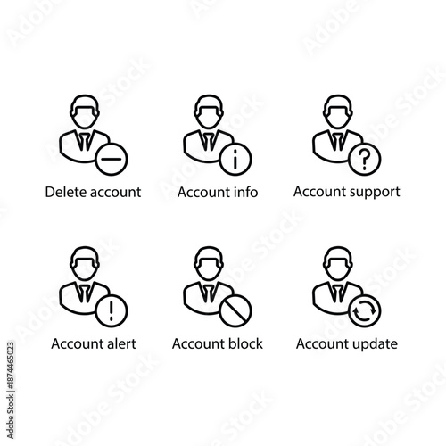 Delete account, Account info, Account support, Account alert, Account block, Account update, icon