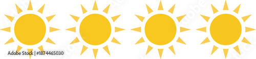A simple graphic design of four identical yellow sun icons arranged horizontally in a row.