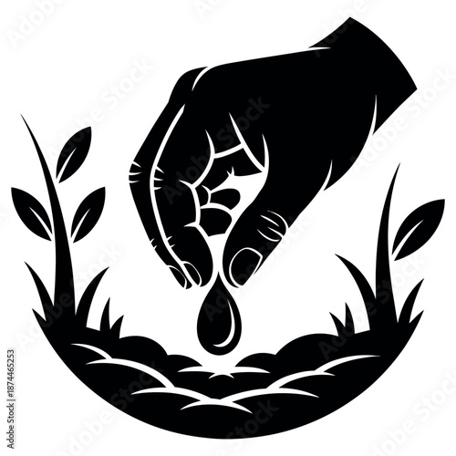 Hand planting seed in fertile soil silhouette vector illustration for agriculture growth environmental conservation gardening and sustainability concept design