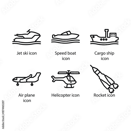 Jet ski, Speed boat, Cargo ship, Air plane, Helicopter, Rocket, icon