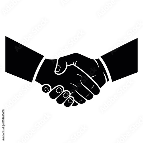 Monochrome graphic of two hands in business suits firmly shaking hands to make a deal and show respect in a symbol of cooperation