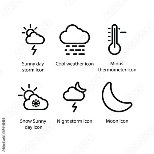 Sunny day storm, Cool weather, Minus thermometer, Sunny day snow, Night storm, Moon, icon