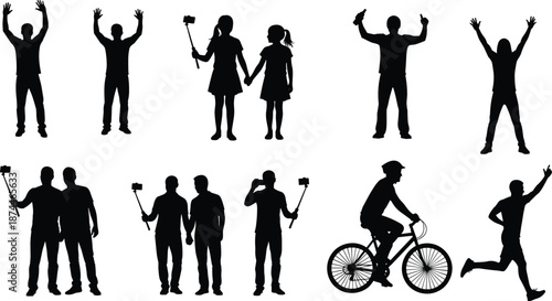 Set of black silhouettes of people taking selfies with sticks, celebrating with raised arms, cycling on a bike, and running outdoors
