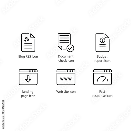 Blog RSS, Document check, Budget report, landing page, Web site, Fast response, icon