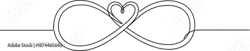 Continuous line drawing of infinity symbol with intertwined heart shape representing eternal love and endless friendship on a white background