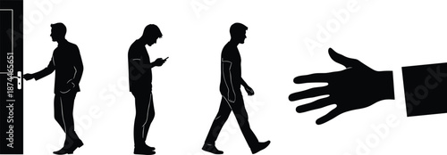 Silhouette of a young professional man walking through different stages from entering a door and checking phone to a corporate handshake