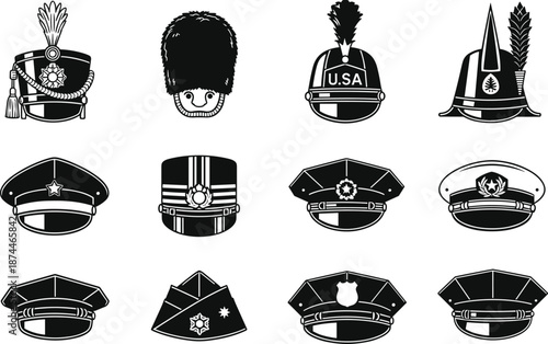 Large Collection of Military and Ceremonial Hat Icons Featuring Police Caps Guard Helmets and Service Headwear for Official Uniform Design Professional Graphic Vector Illustration Elements