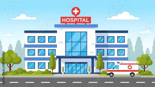 Hospital building exterior illustration with emergency ambulance showing modern healthcare facility access medical services urban environment and patient care concept