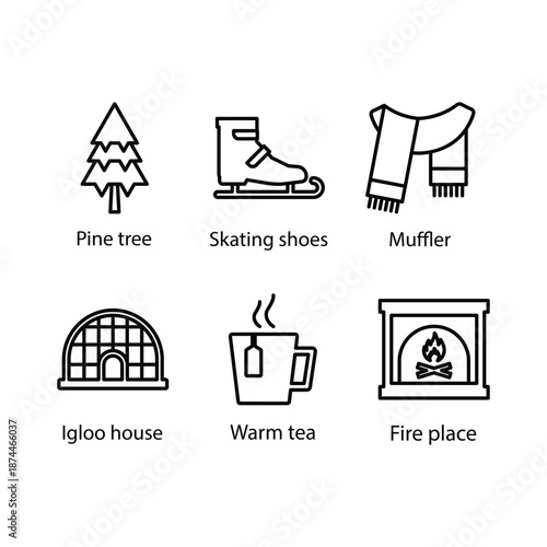 Pine tree, Skating shoes, Muffler, Igloo house, Warm tea, Fire place, icon