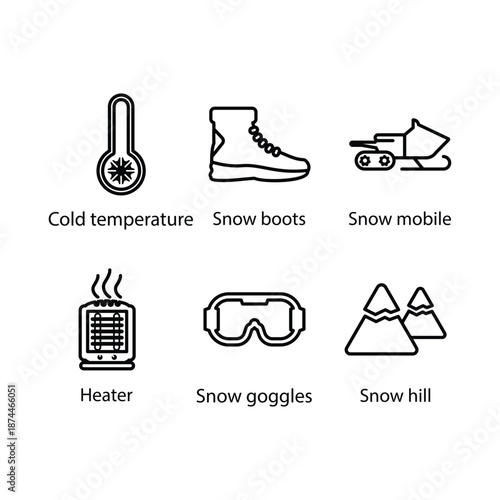 Cold temperature, Snow boots, Snow mobile, Heater, Snow goggles, Snow hill, icon