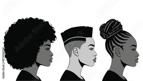 Three diverse women with different hairstyles in a simple illustration