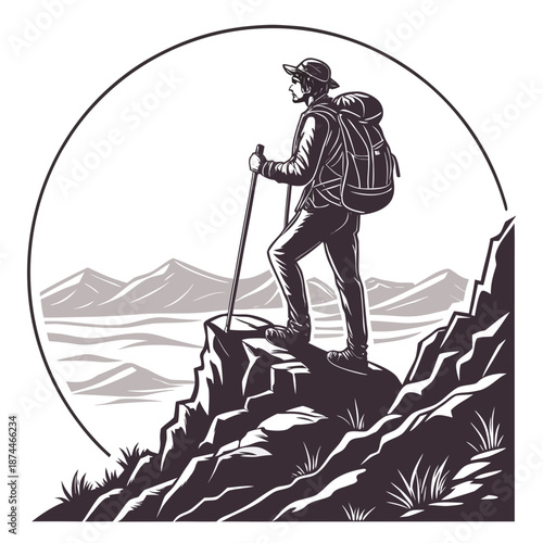 Backpacker on rocky peak looking into distance monochrome 1