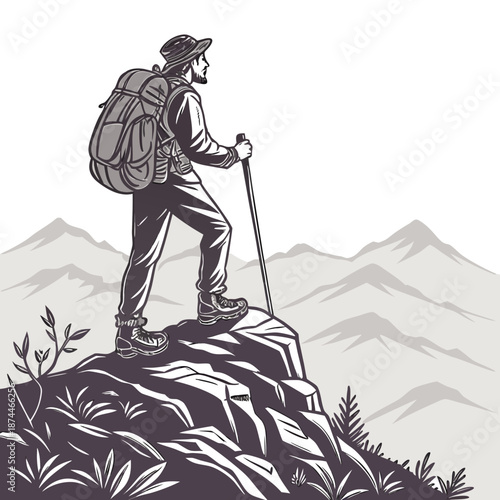 Backpacker on rocky peak looking into distance monochrome