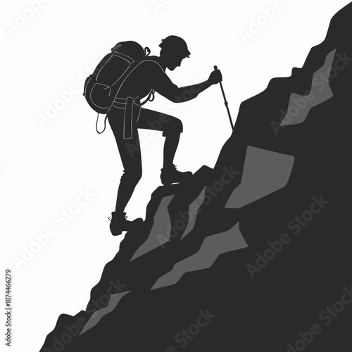 Hiker climbing steep rocky mountain with backpack and trekking pole