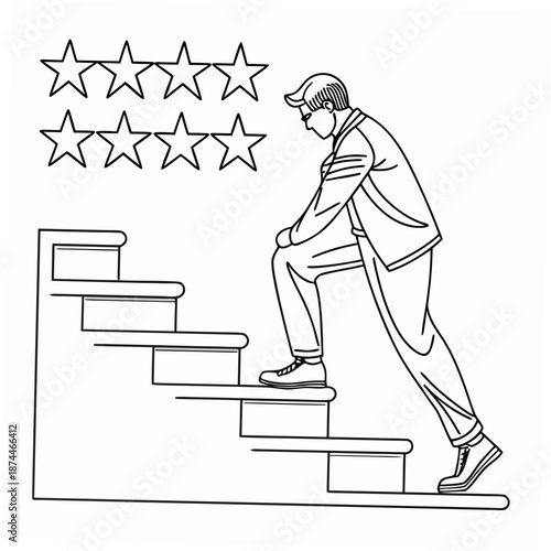 Man climbing stairs with five stars above rating