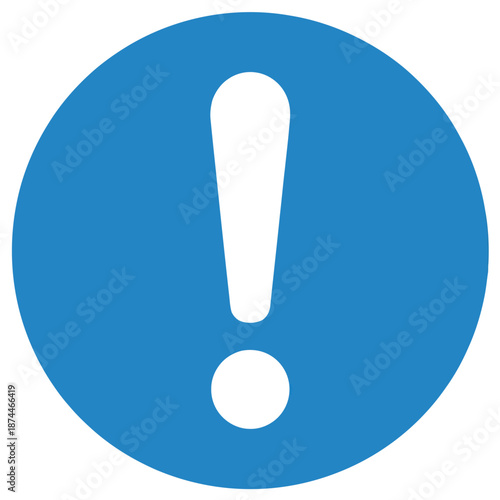 A bold white exclamation mark inside a solid blue circle representing a warning or important notice sign