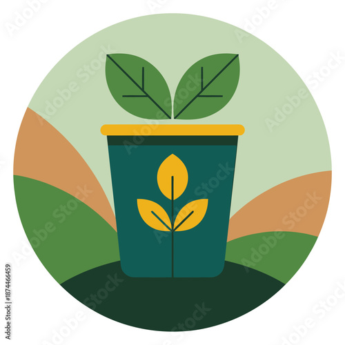 Conceptual illustration depicting a growing plant in a pot symbolizing growth and natures vibrant cycle with hills in the background