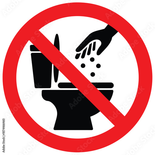 Forbidden symbol depicting not to throw garbage into the toilet bowl with a hand symbol inside a red circle with a diagonal line