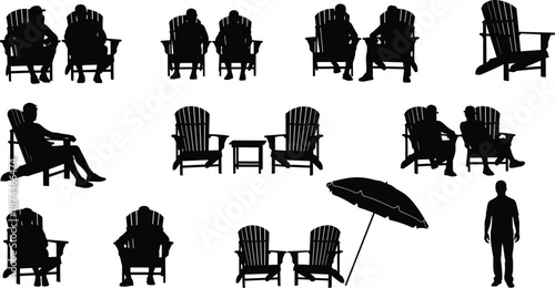 Large Collection of Adirondack Chair Silhouettes Featuring People Relaxing Outdoors with Beach Umbrellas and Garden Furniture for Summer Vacation Leisure and Patio Graphic Vector Illustration