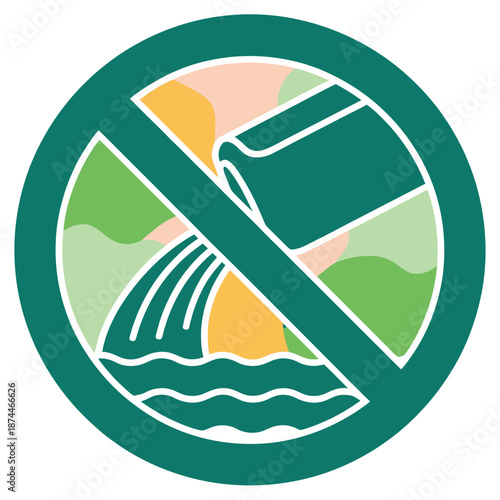 Prohibition symbol indicating no pouring liquids into natural water sources or landscapes