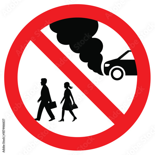 Prohibition symbol with silhouettes of a man and woman walking past a car emitting black smoke