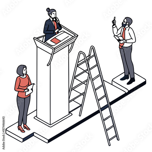 Business leadership formation with elevated platform and ladder