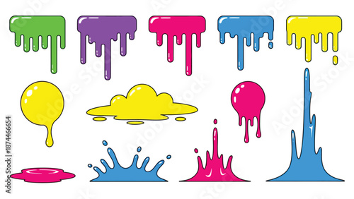 A colorful illustration of paint splatters and drips in various vibrant hues