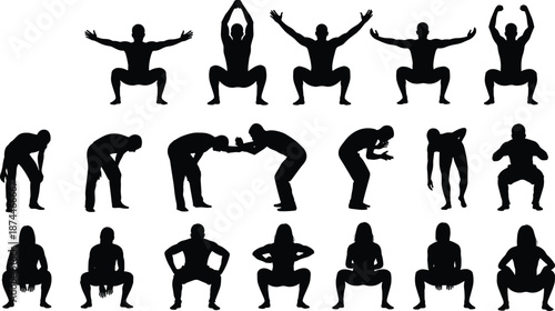 Large Collection of Athlete Silhouettes Performing Squats and Stretching Exercises for Fitness Training, Bodyweight Workouts, Gym Lifestyle, Health Projects, and Professional Graphic
