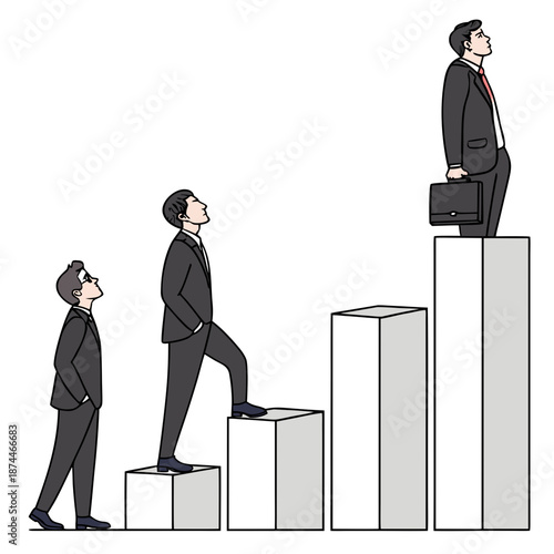 Suited businessmen standing on bars of different heights