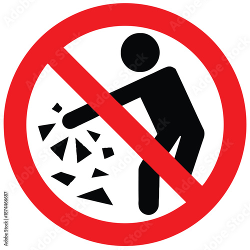 Red prohibition circle sign with a black silhouette of a person littering gravel or small stones inside isolated on transparent background
