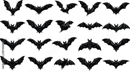 Large Collection of Black Bat Silhouettes in Various Flying Poses for Halloween Party Decor Spooky Nature Design Gothic Projects and Professional Vector Illustration Graphic Elements