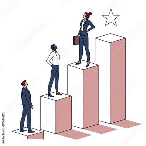 Business people standing on podium blocks with star