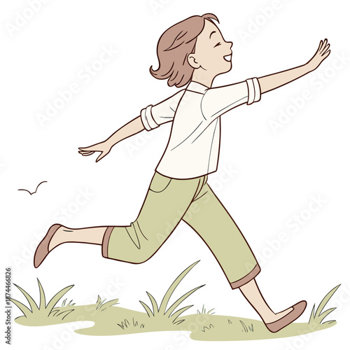 Child running with arms outstretched in green pants and white shirt on grass